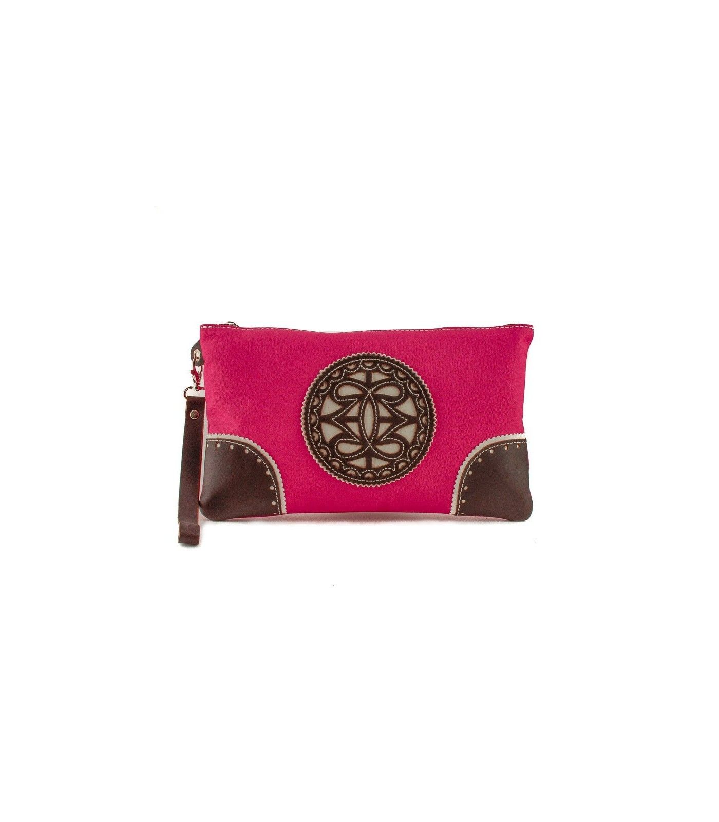Bolso de mano de tela con adornos en piel.