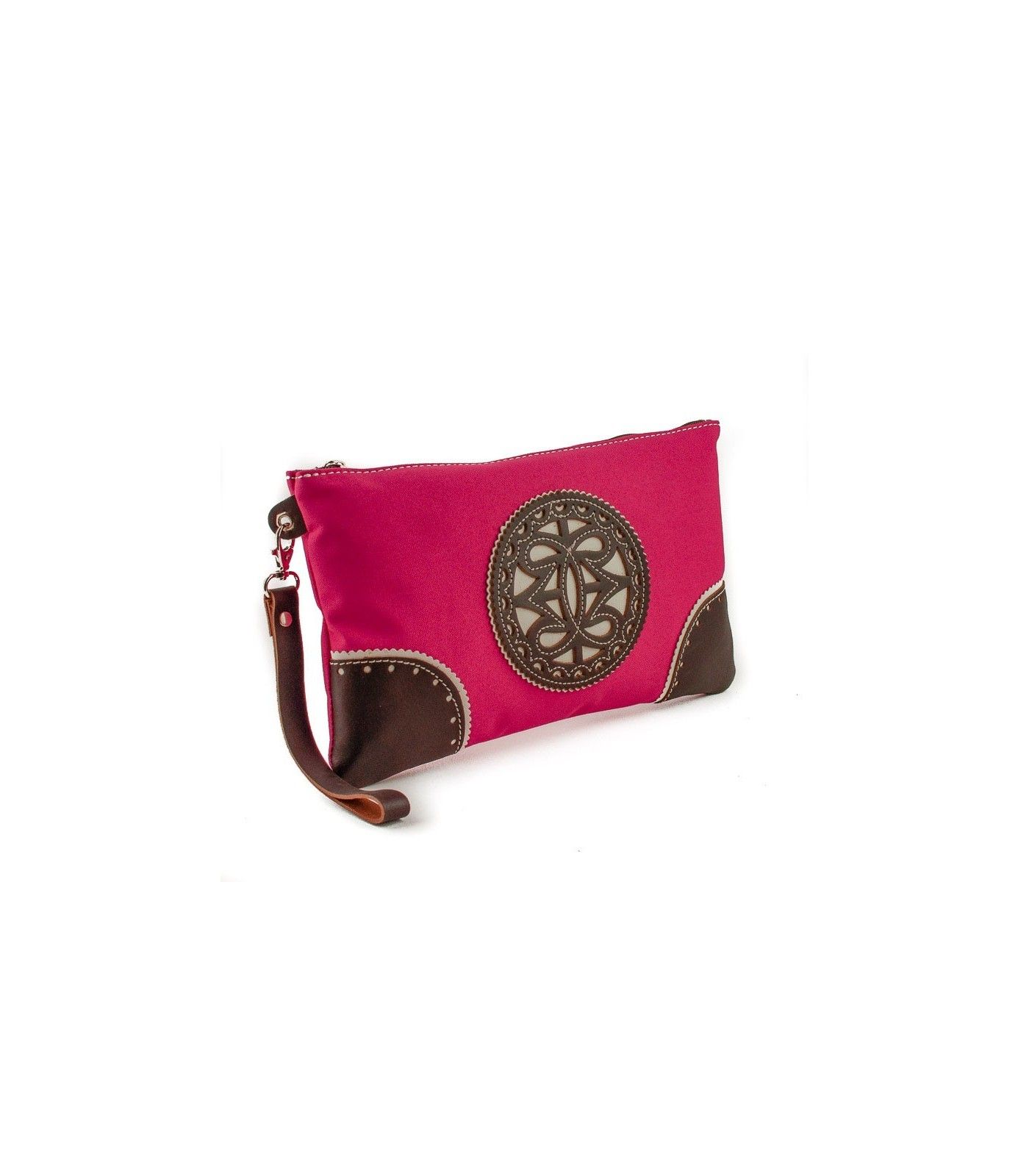 Bolso de mano de tela con adornos en piel.
