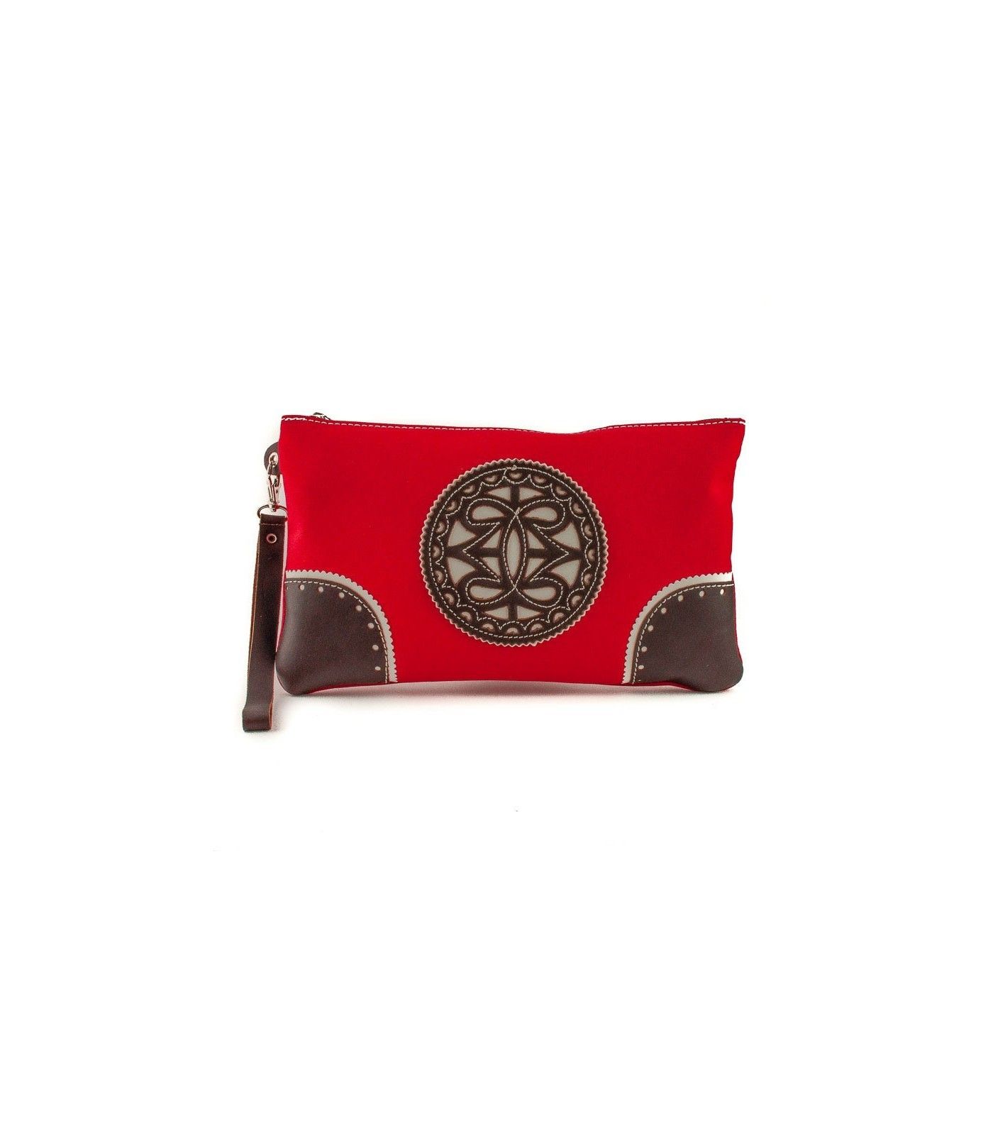 Bolso de mano de tela con adornos en piel.