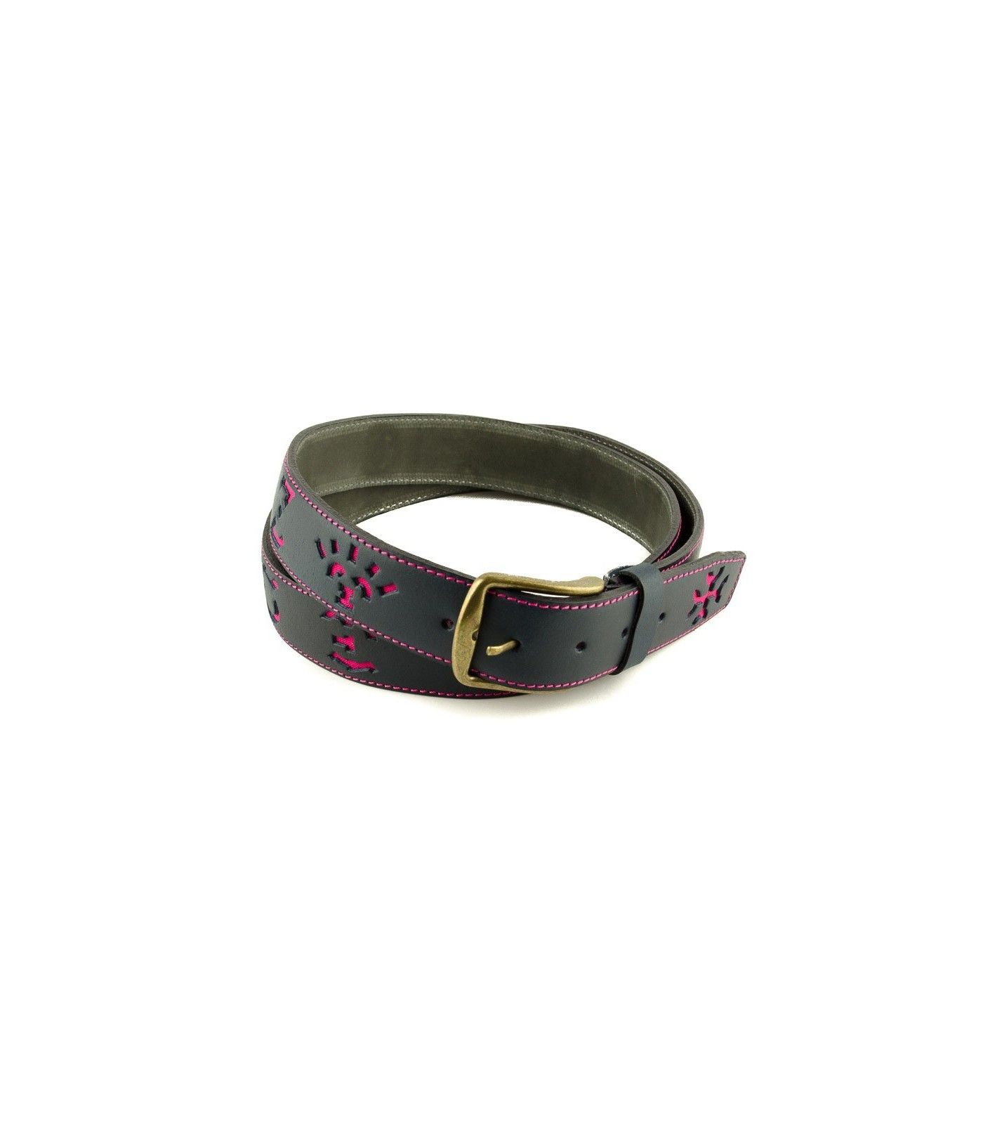 Cinturón taurino de piel y hierros de ganadería en fucsia.