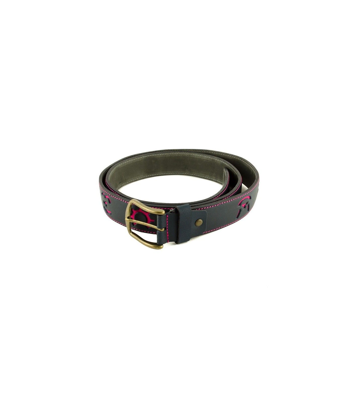 Cinturón taurino de piel y hierros de ganadería en fucsia.