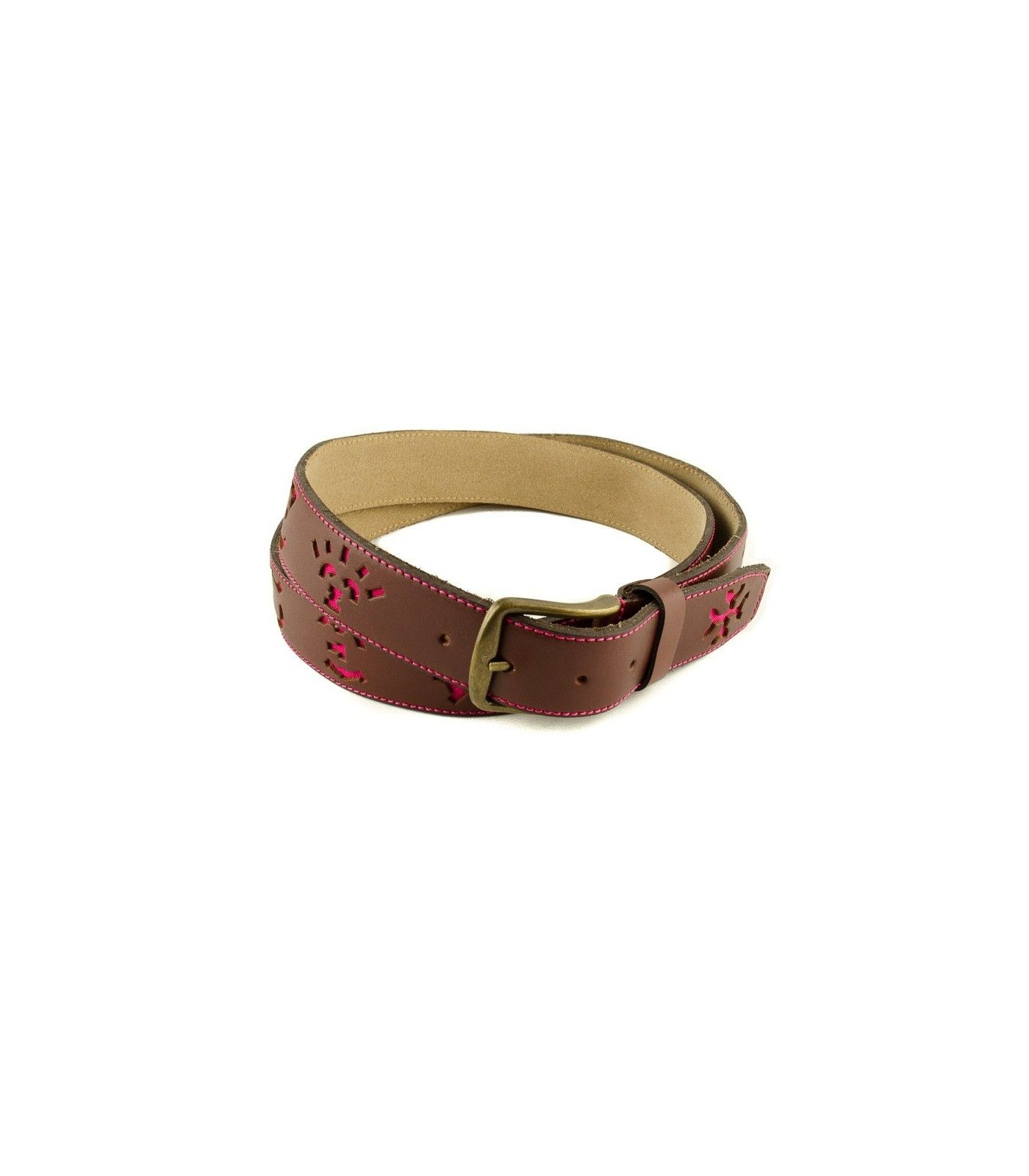 Cinturón taurino de piel marrón con hierros en fucsia