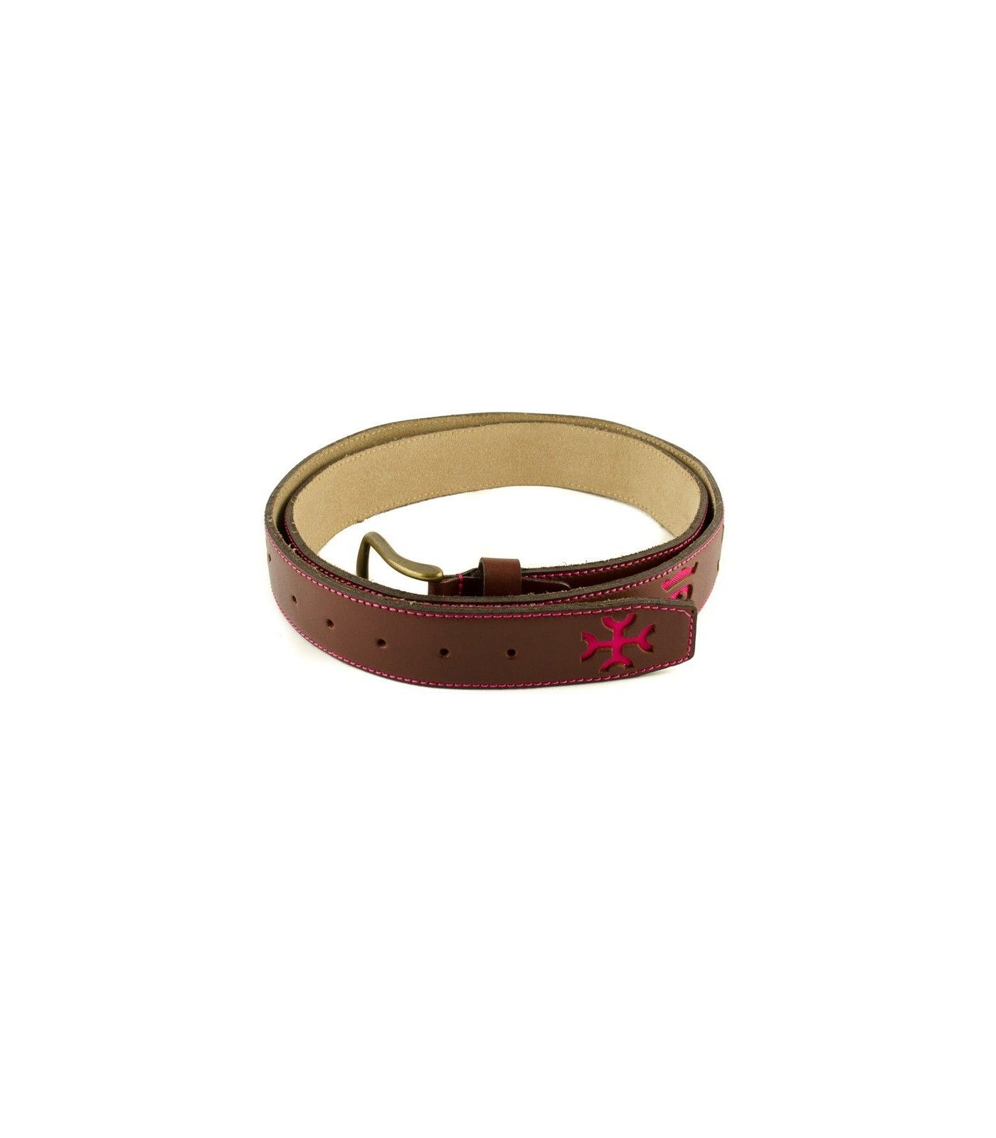 Cinturón taurino de piel marrón con hierros en fucsia