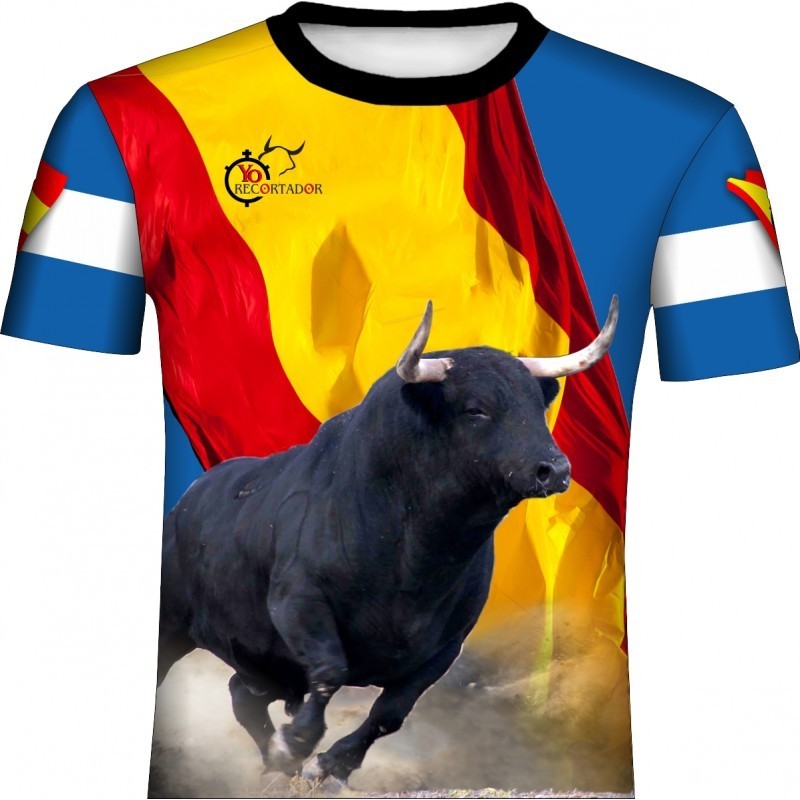 Proscrito Alrededores Abreviatura Camiseta taurina con toro y bandera de España cruzada