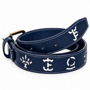 Cinturón taurino de piel azul con hierros en blanco